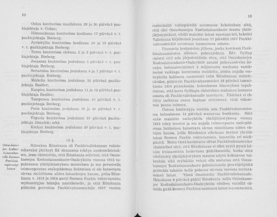 t. pankinjohtaja Broberg; Mikkelin konttorissa joulukuun 10 päivänä pankinjohtaja Basilier; Kuopion konttorissa joulukuun 11 ja 12 päivänä pankinjohtaja Basilier; Tampereen konttorissa joulukuun 18