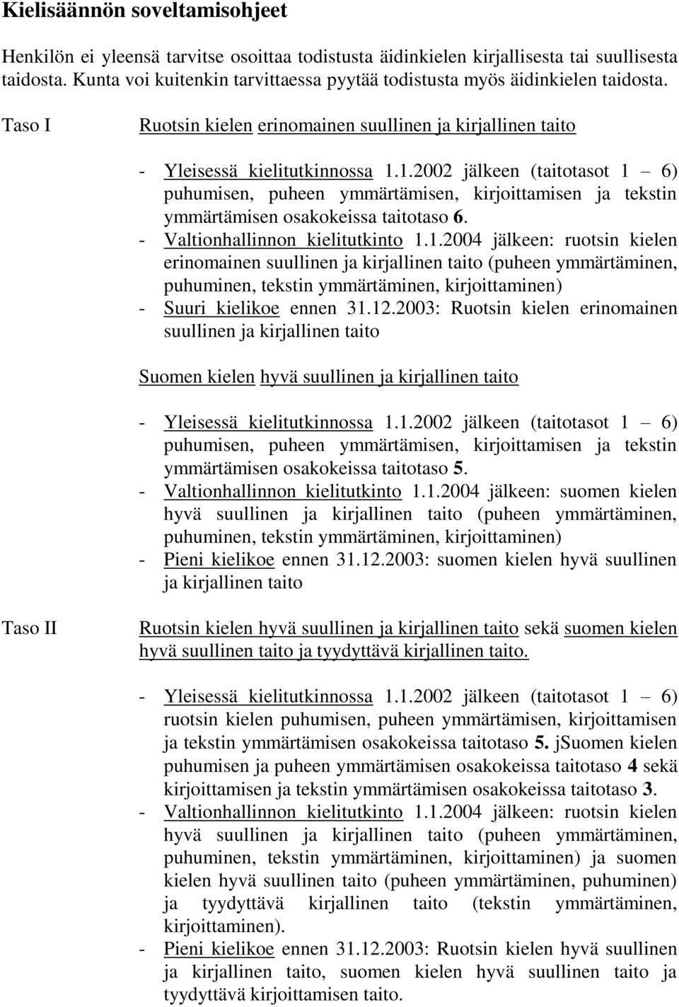 Taso I Ruotsin kielen erinomainen suullinen ja kirjallinen taito puhumisen, puheen ymmärtämisen, kirjoittamisen ja tekstin ymmärtämisen osakokeissa taitotaso 6.