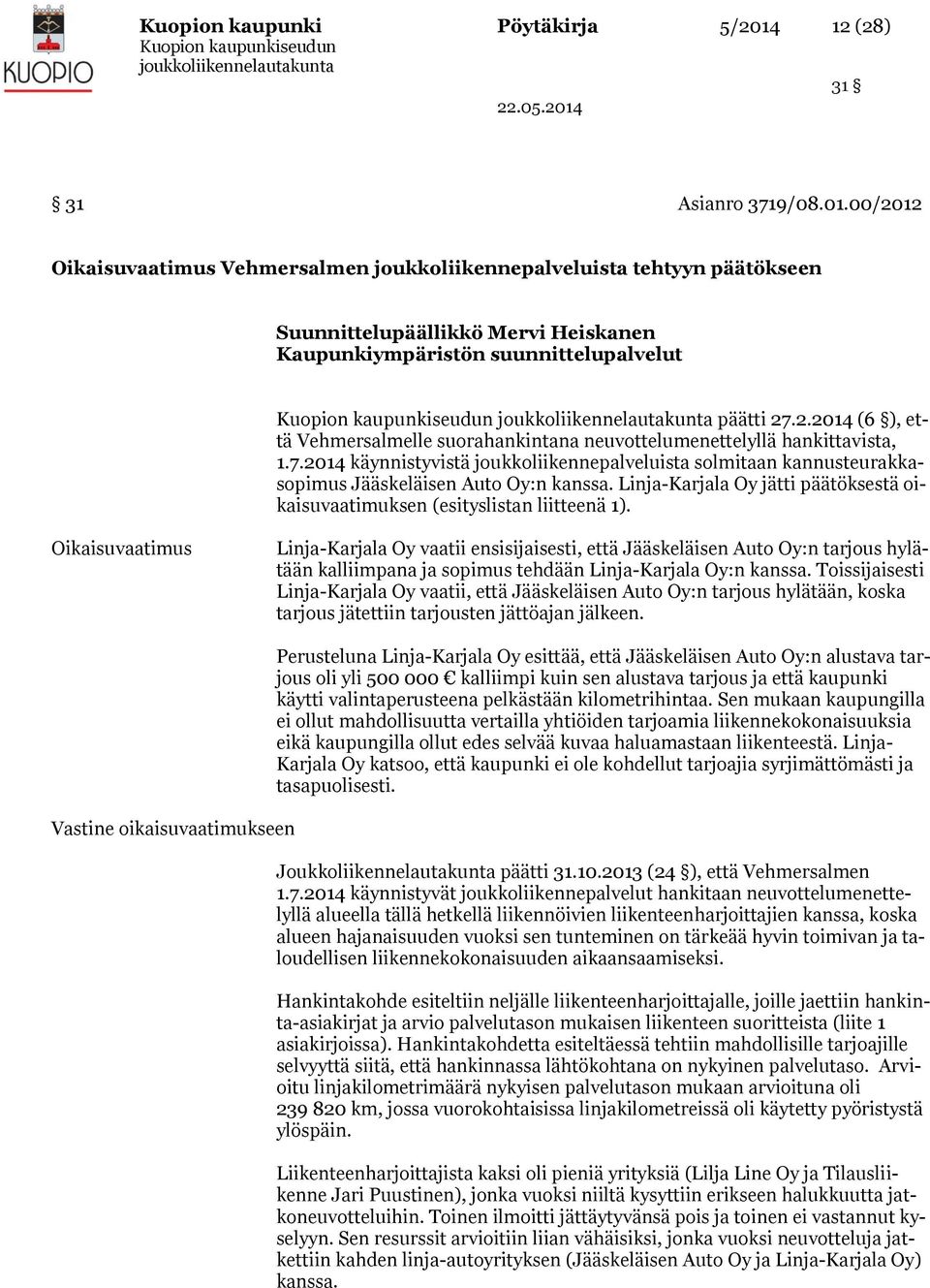 00/2012 Oikaisuvaatimus Vehmersalmen joukkoliikennepalveluista tehtyyn päätökseen Suunnittelupäällikkö Mervi Heiskanen Kaupunkiympäristön suunnittelupalvelut päätti 27.2.2014 (6 ), että Vehmersalmelle suorahankintana neuvottelumenettelyllä hankittavista, 1.