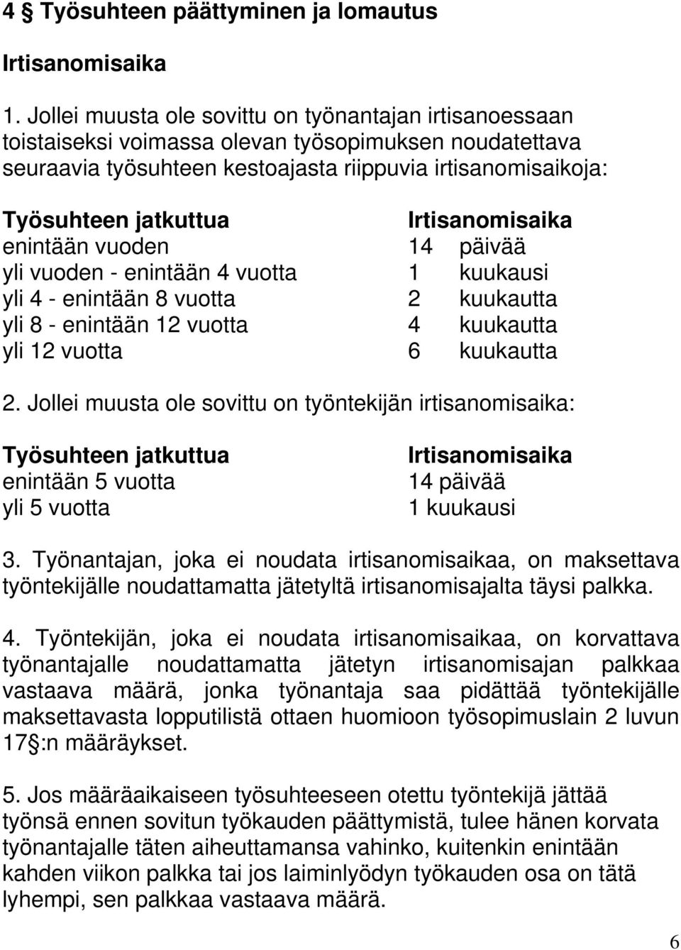 Irtisanomisaika enintään vuoden 14 päivää yli vuoden - enintään 4 vuotta 1 kuukausi yli 4 - enintään 8 vuotta 2 kuukautta yli 8 - enintään 12 vuotta 4 kuukautta yli 12 vuotta 6 kuukautta 2.