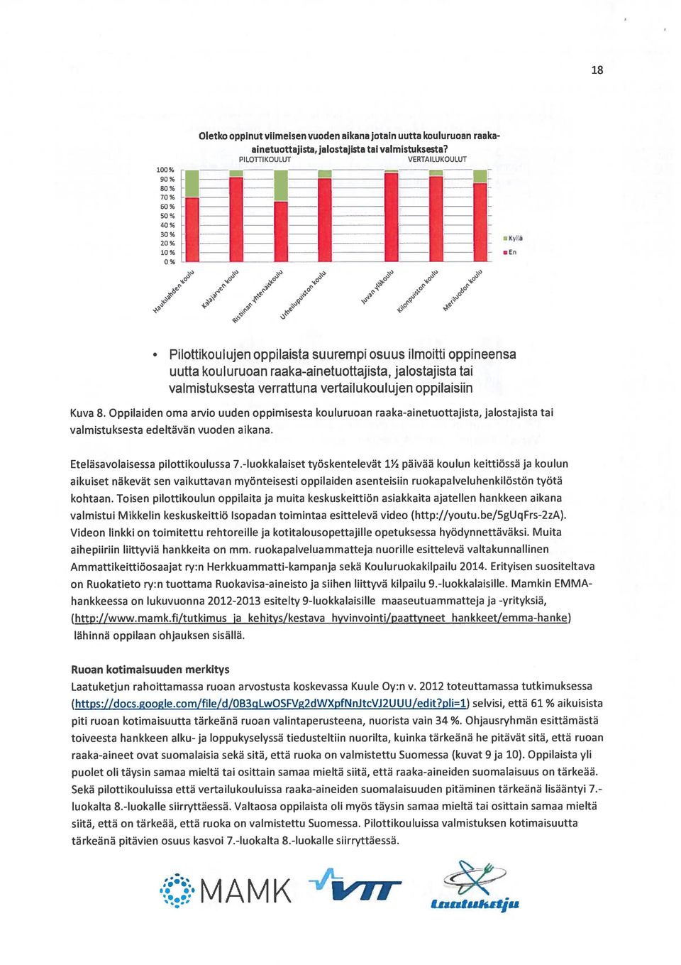 vertailukoulujen oppilaisiin Kuva 8. Oppilaiden oma arvio uuden oppimisesta kouluruoan raaka-ainetuottajista, jalostajista tai valmistuksesta edeltävän vuoden aikana.