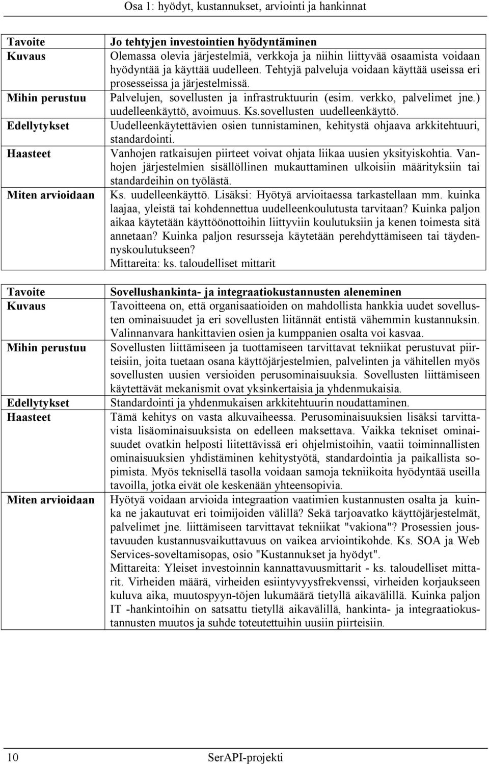 Tehtyjä palveluja voidaan käyttää useissa eri prosesseissa ja järjestelmissä. Palvelujen, sovellusten ja infrastruktuurin (esim. verkko, palvelimet jne.) uudelleenkäyttö, avoimuus. Ks.