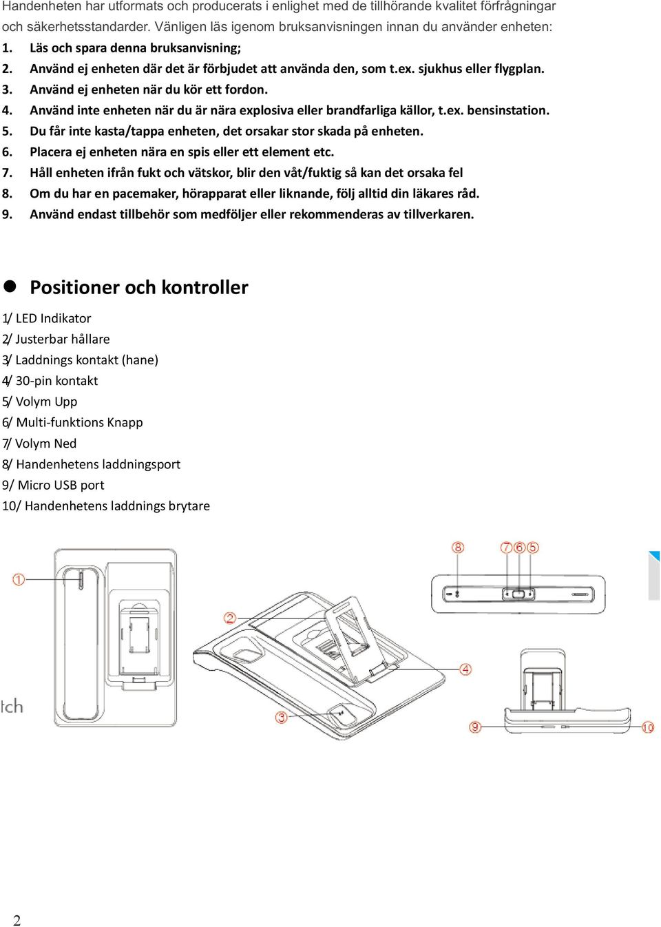 Använd inte enheten när du är nära explosiva eller brandfarliga källor, t.ex. bensinstation. 5. Du får inte kasta/tappa enheten, det orsakar stor skada på enheten. 6.