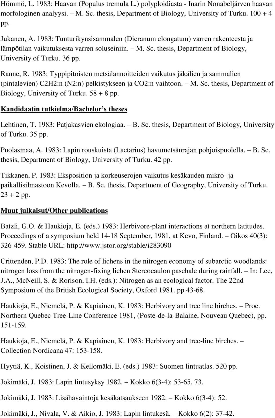 1983: Typpipitoisten metsälannoitteiden vaikutus jäkälien ja sammalien (pintalevien) C2H2:n (N2:n) pelkistykseen ja CO2:n vaihtoon. M. Sc. thesis, Department of Biology, University of Turku.