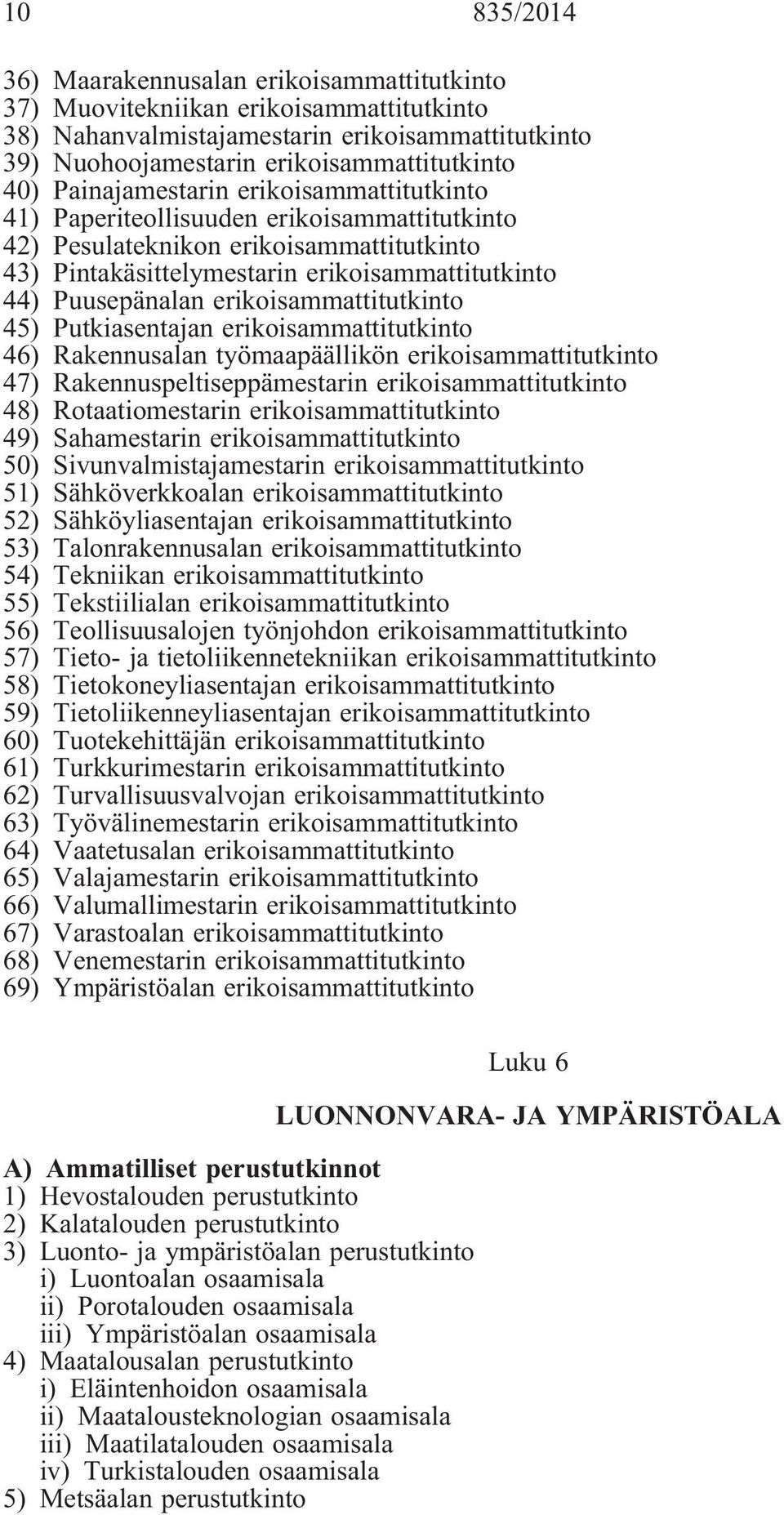 erikoisammattitutkinto 45) Putkiasentajan erikoisammattitutkinto 46) Rakennusalan työmaapäällikön erikoisammattitutkinto 47) Rakennuspeltiseppämestarin erikoisammattitutkinto 48) Rotaatiomestarin