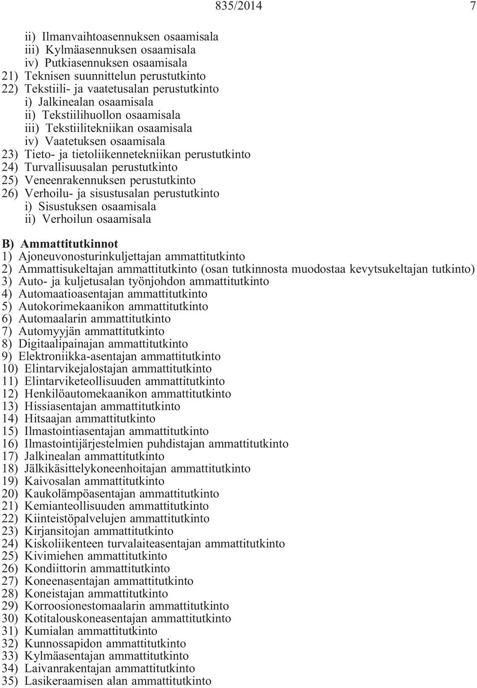 perustutkinto 25) Veneenrakennuksen perustutkinto 26) Verhoilu- ja sisustusalan perustutkinto i) Sisustuksen osaamisala ii) Verhoilun osaamisala 1) Ajoneuvonosturinkuljettajan ammattitutkinto 2)