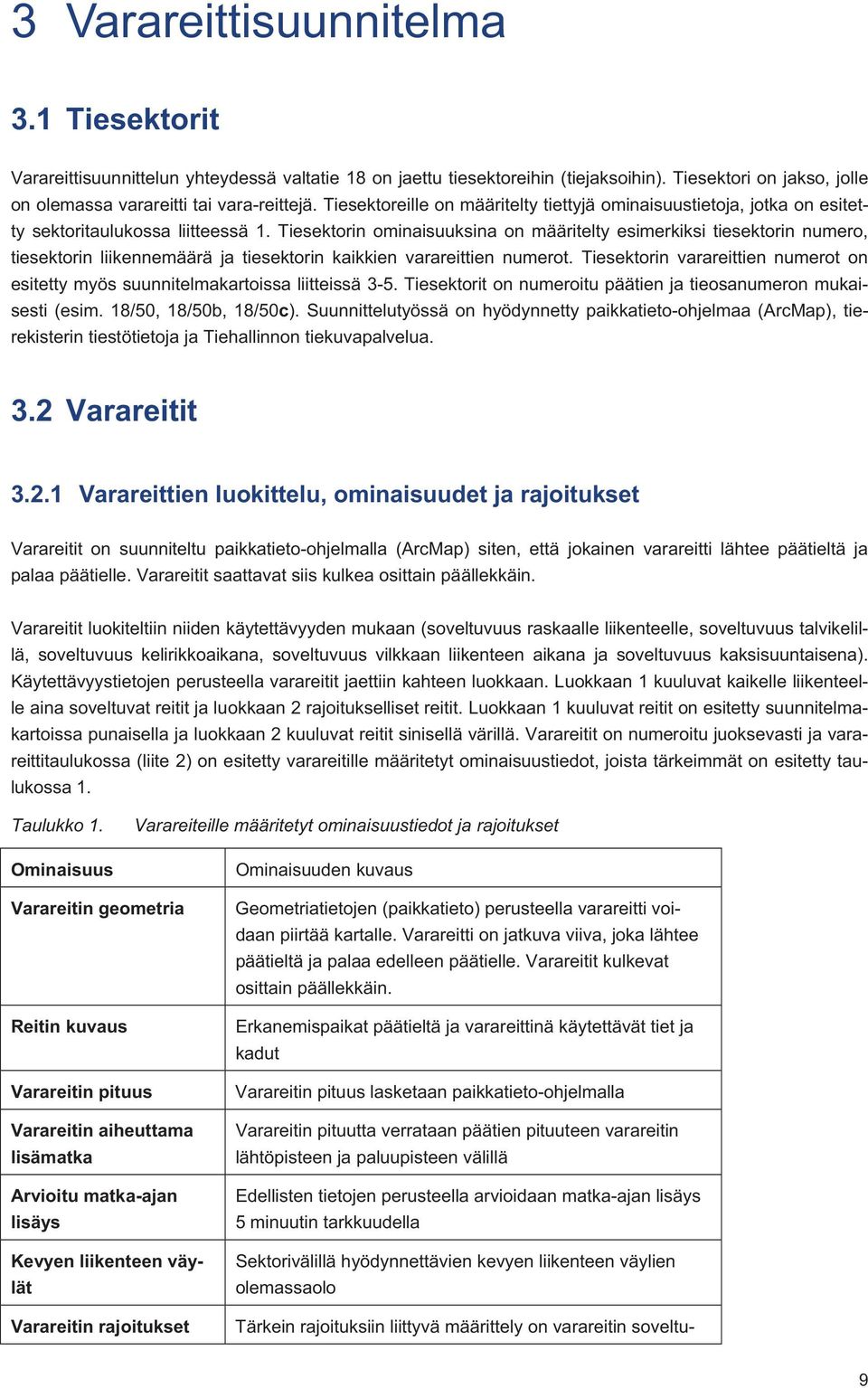 Tiesektorin ominaisuuksina on määritelty esimerkiksi tiesektorin numero, tiesektorin liikennemäärä ja tiesektorin kaikkien varareittien numerot.