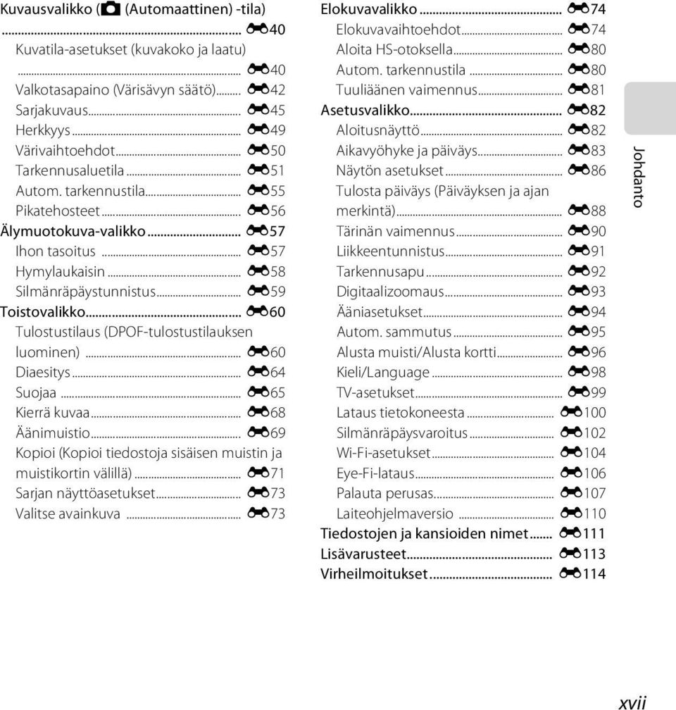 .. E60 Tulostustilaus (DPOF-tulostustilauksen luominen)... E60 Diaesitys... E64 Suojaa... E65 Kierrä kuvaa... E68 Äänimuistio... E69 Kopioi (Kopioi tiedostoja sisäisen muistin ja muistikortin välillä).