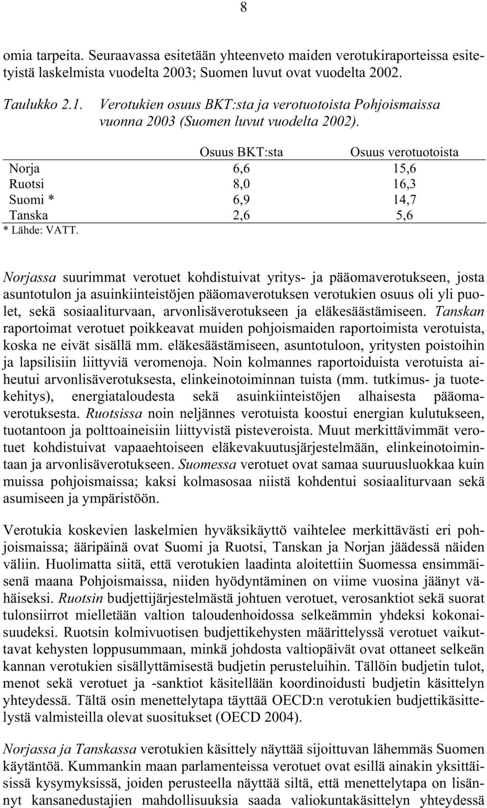 Osuus BKT:sta Osuus verotuotoista Norja 6,6 15,6 Ruotsi 8,0 16,3 Suomi * 6,9 14,7 Tanska 2,6 5,6 * Lähde: VATT.