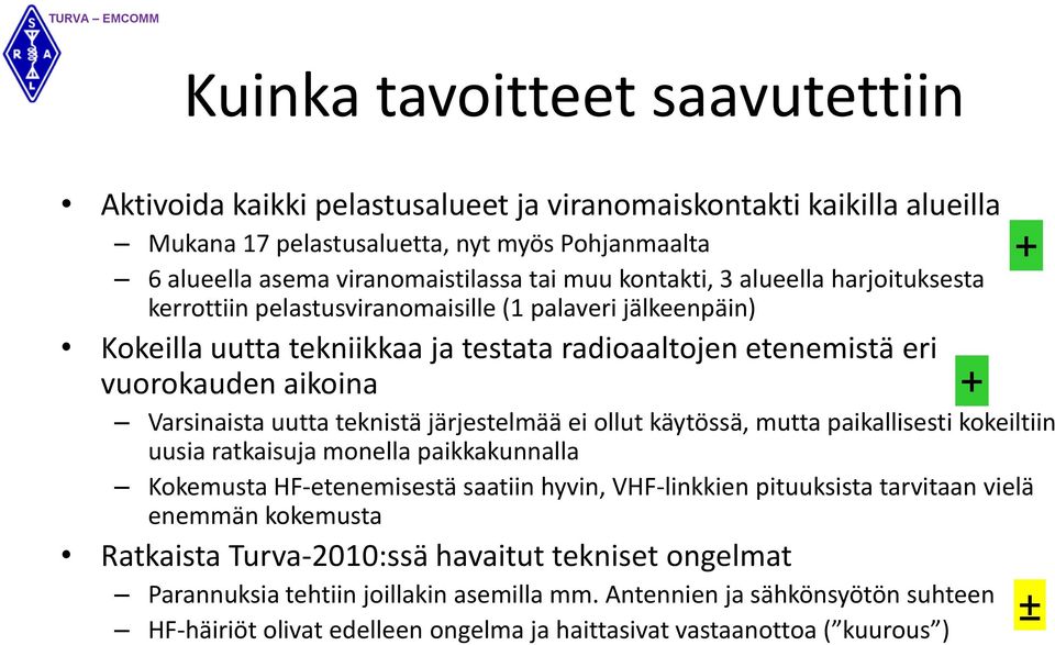 uutta teknistä järjestelmää ei ollut käytössä, mutta paikallisesti kokeiltiin uusia ratkaisuja monella paikkakunnalla Kokemusta HF-etenemisestä saatiin hyvin, VHF-linkkien pituuksista tarvitaan vielä