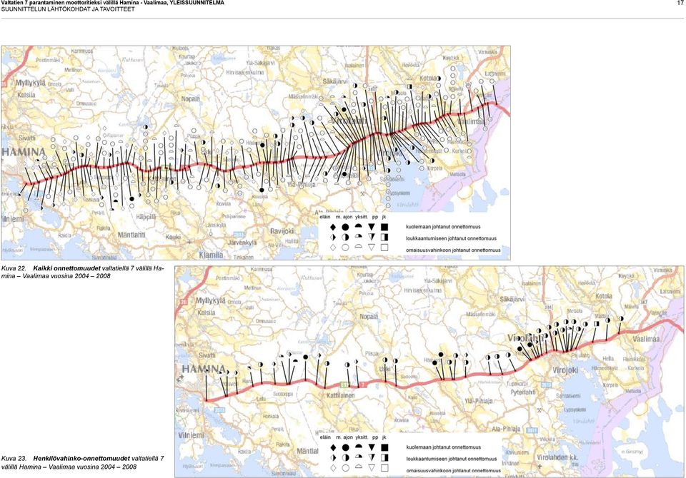 Kaikki onnettomuudet valtatiellä 7 välillä Hamina Vaalimaa vuosina 2004 2008