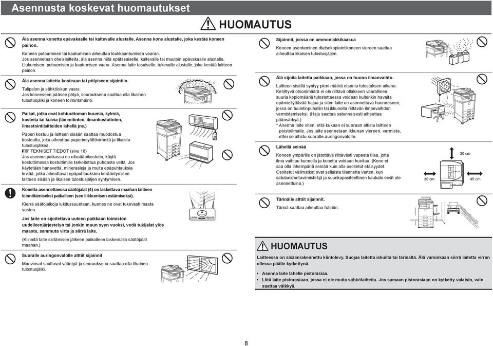 Liukumisen, putoamisen ja kaatumisen vaara. Asenna laite tasaiselle, tukevalle alustalle, joka kestää laitteen painon. Älä asenna laitetta kosteaan tai pölyiseen sijaintiin.