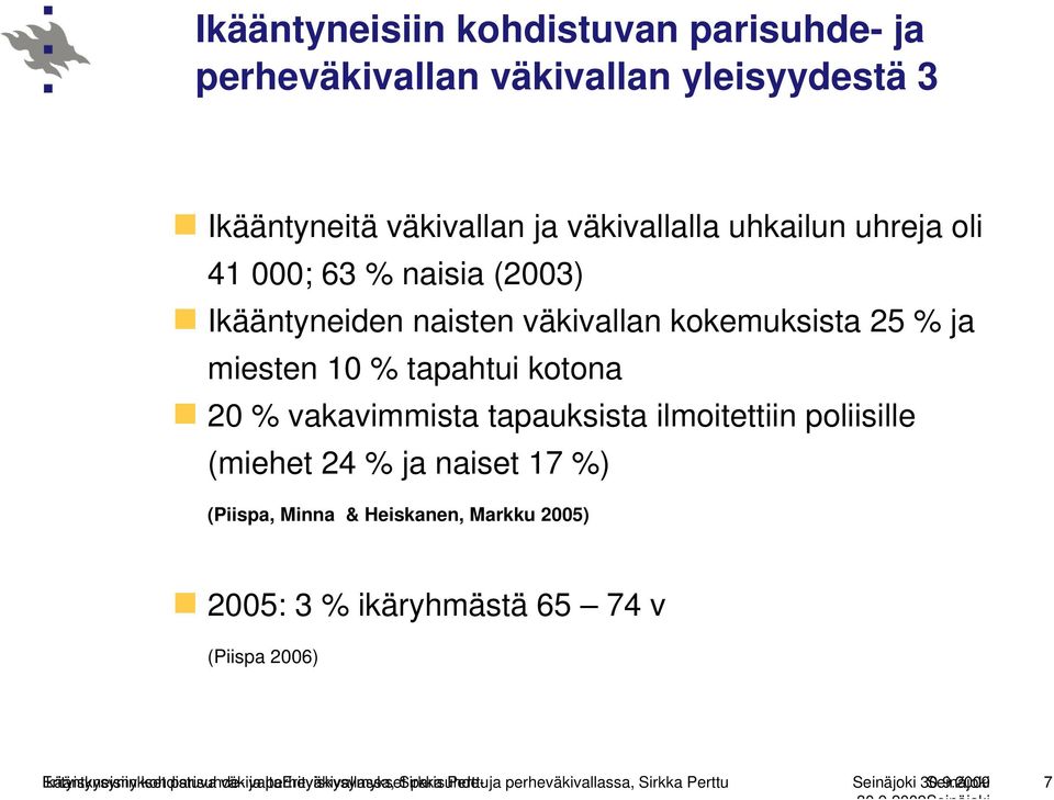 (miehet 24 % ja naiset 17 %) (Piispa, Minna & Heiskanen, Markku 2005) 2005: 3 % ikäryhmästä 65 74 v (Piispa 2006) Ikääntyneisiin Erityiskysymykset