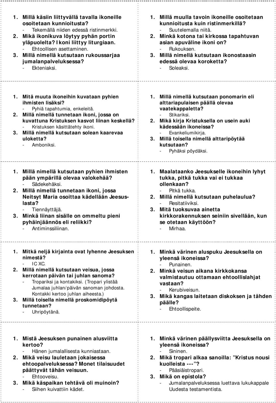 Minkä kotona tai kirkossa tapahtuvan asian apuväline ikoni on? Rukouksen. 3. Millä nimellä kutsutaan ikonostaasin edessä olevaa koroketta? Soleaksi. 1.