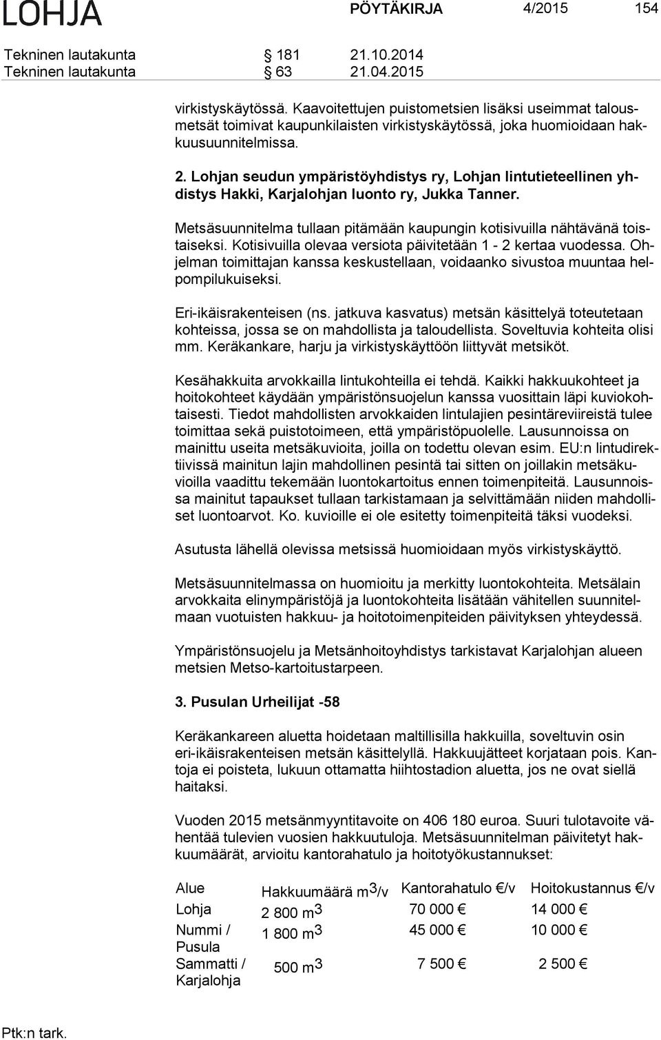 Lohjan seudun ympäristöyhdistys ry, Lohjan lintutieteellinen yhdis tys Hakki, Karjalohjan luonto ry, Jukka Tanner. Metsäsuunnitelma tullaan pitämään kaupungin kotisivuilla nähtävänä toistai sek si.