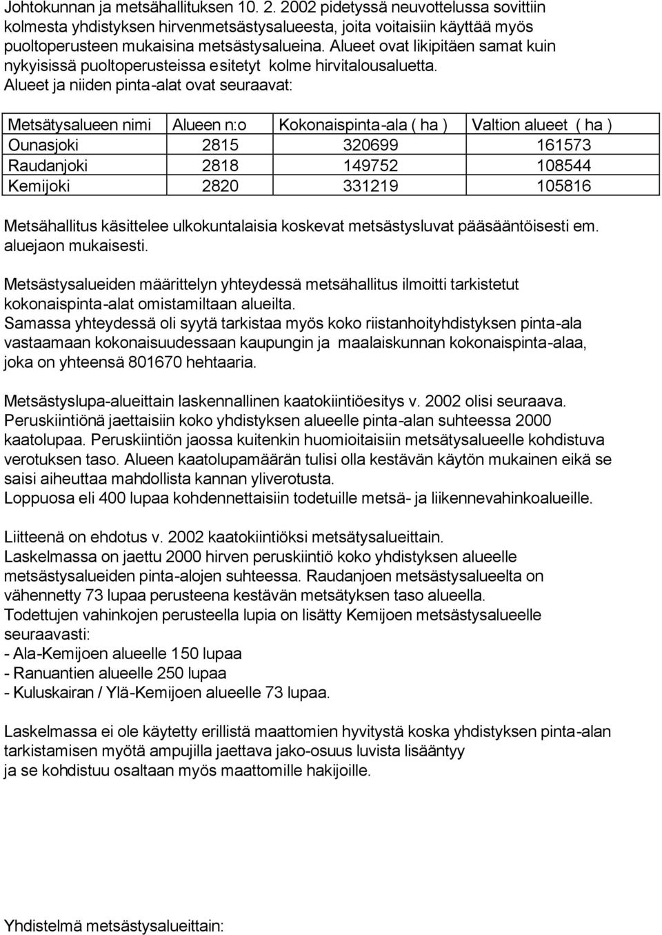 Alueet ja niiden pinta-alat ovat seuraavat: Metsätysalueen nimi Alueen n:o Kokonaispinta-ala ( ha ) Valtion alueet ( ha ) Ounasjoki 2815 320699 161573 Raudanjoki 2818 149752 108544 Kemijoki 2820