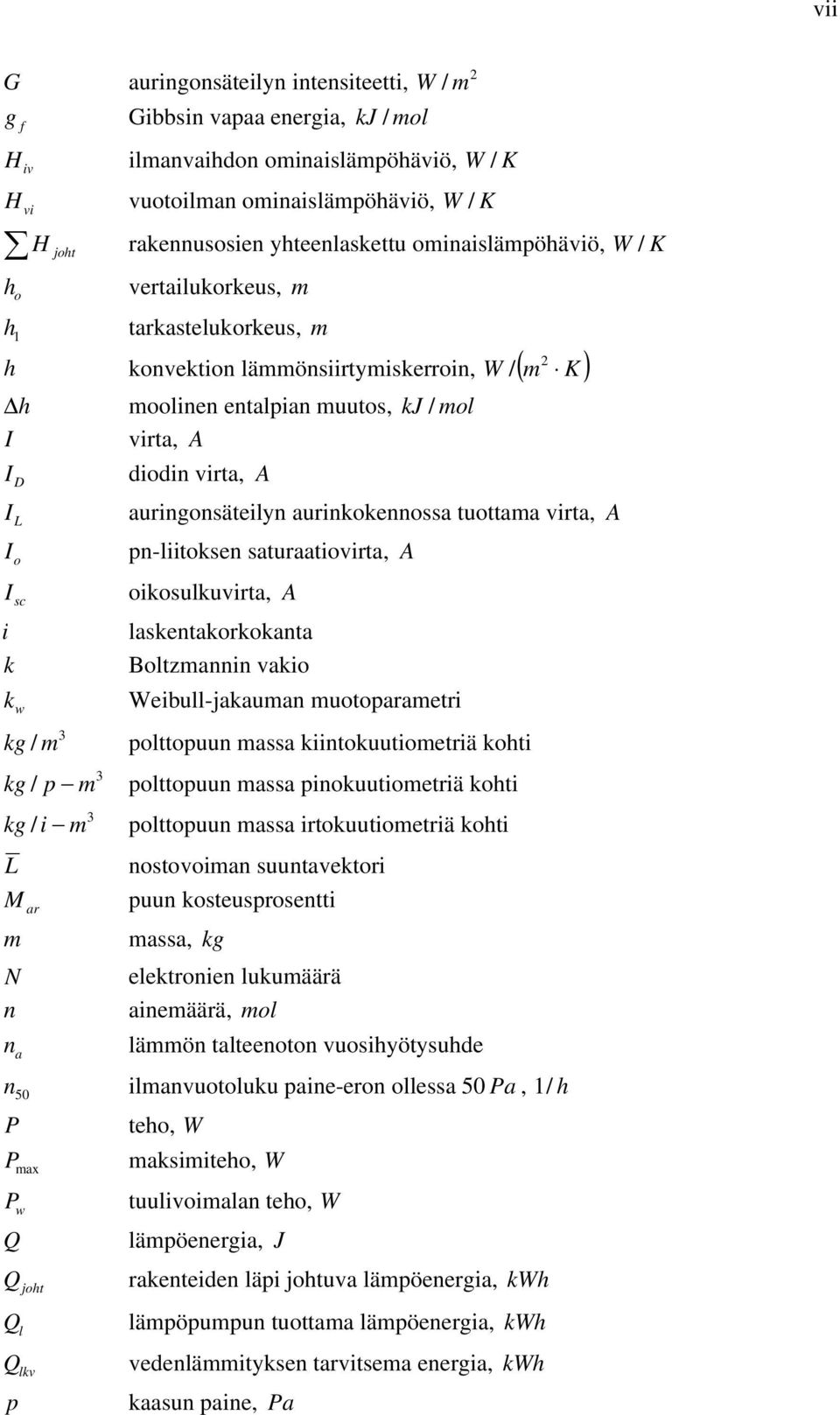 diodin virta, A auringonsäteilyn aurinkokennossa tuottama virta, A pn-liitoksen saturaatiovirta, A oikosulkuvirta, A laskentakorkokanta Boltzmannin vakio Weibull-jakauman muotoparametri 3 kg / m