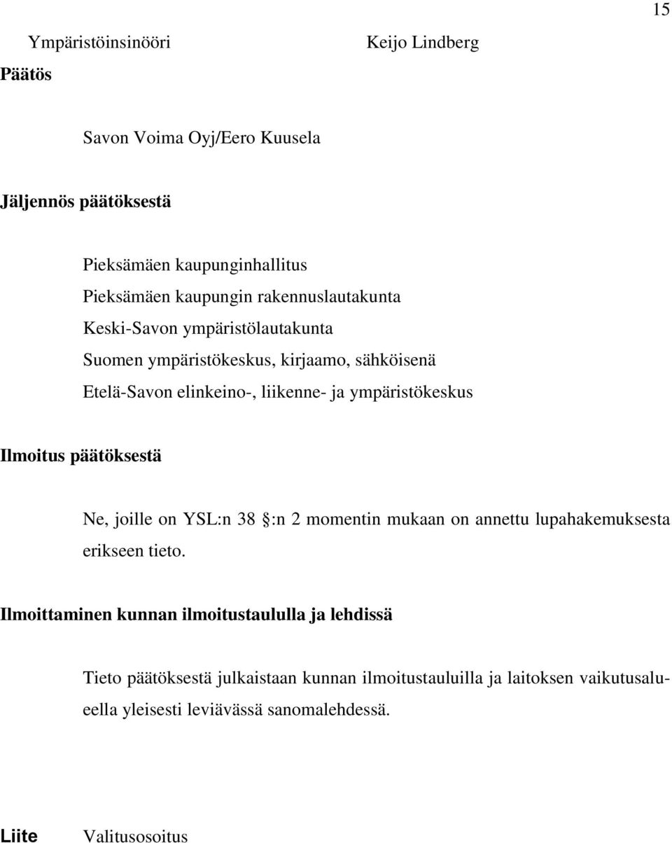 Ilmoitus päätöksestä Ne, joille on YSL:n 38 :n 2 momentin mukaan on annettu lupahakemuksesta erikseen tieto.