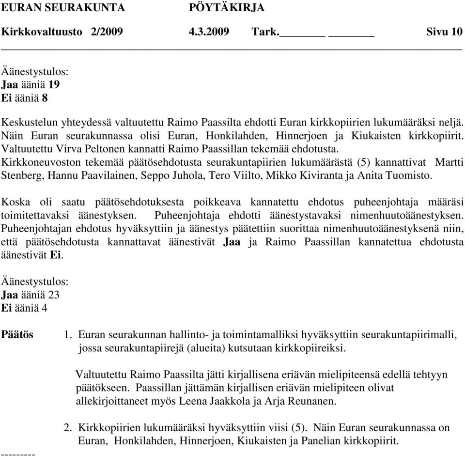 Kirkkoneuvoston tekemää ehdotusta seurakuntapiirien lukumäärästä (5) kannattivat Martti Stenberg, Hannu Paavilainen, Seppo Juhola, Tero Viilto, Mikko Kiviranta ja Anita Tuomisto.