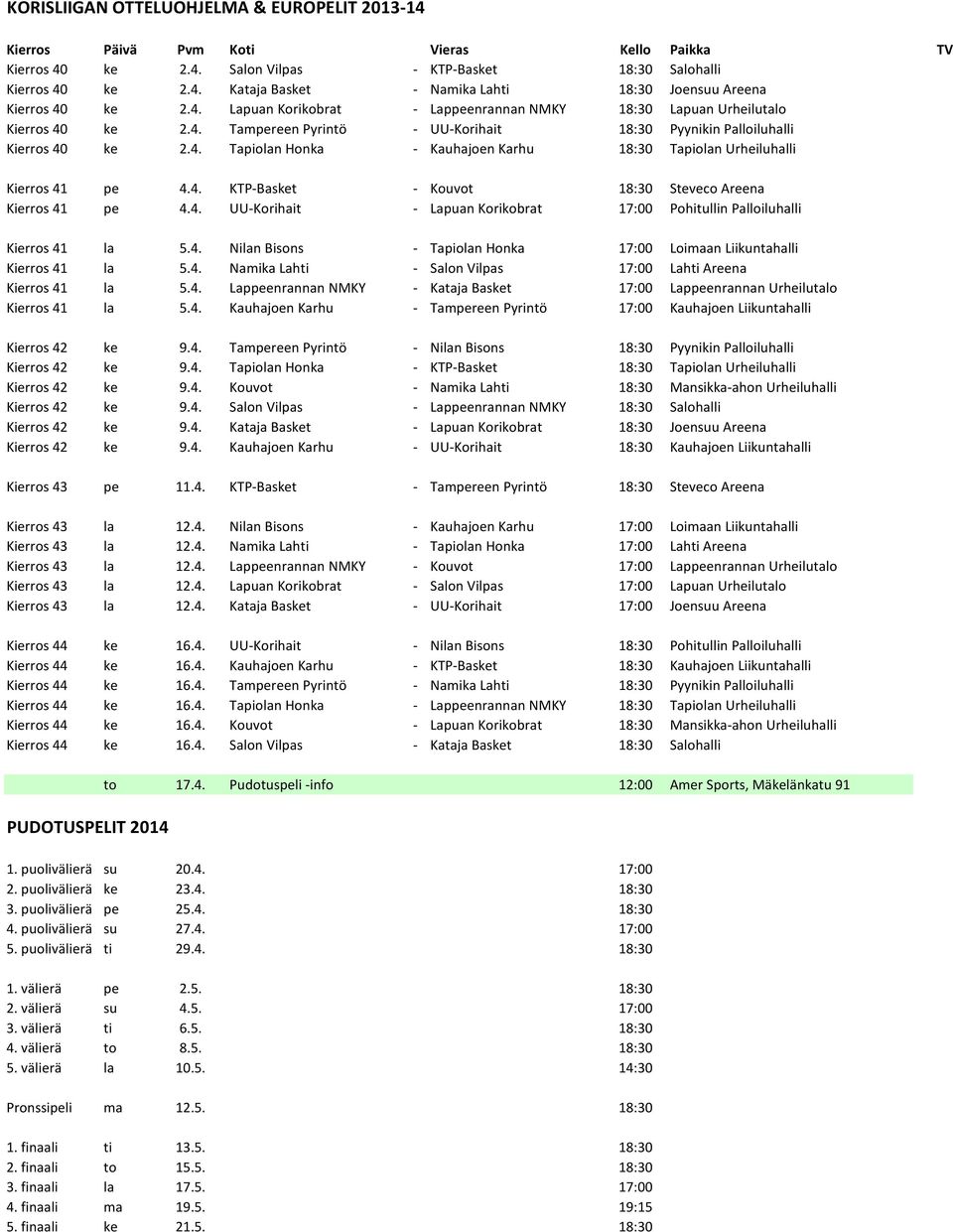 4. UU-Korihait - Lapuan Korikobrat 17:00 Pohitullin Palloiluhalli Kierros 41 la 5.4. Nilan Bisons - Tapiolan Honka 17:00 Loimaan Liikuntahalli Kierros 41 la 5.4. Namika Lahti - Salon Vilpas 17:00 Lahti Areena Kierros 41 la 5.