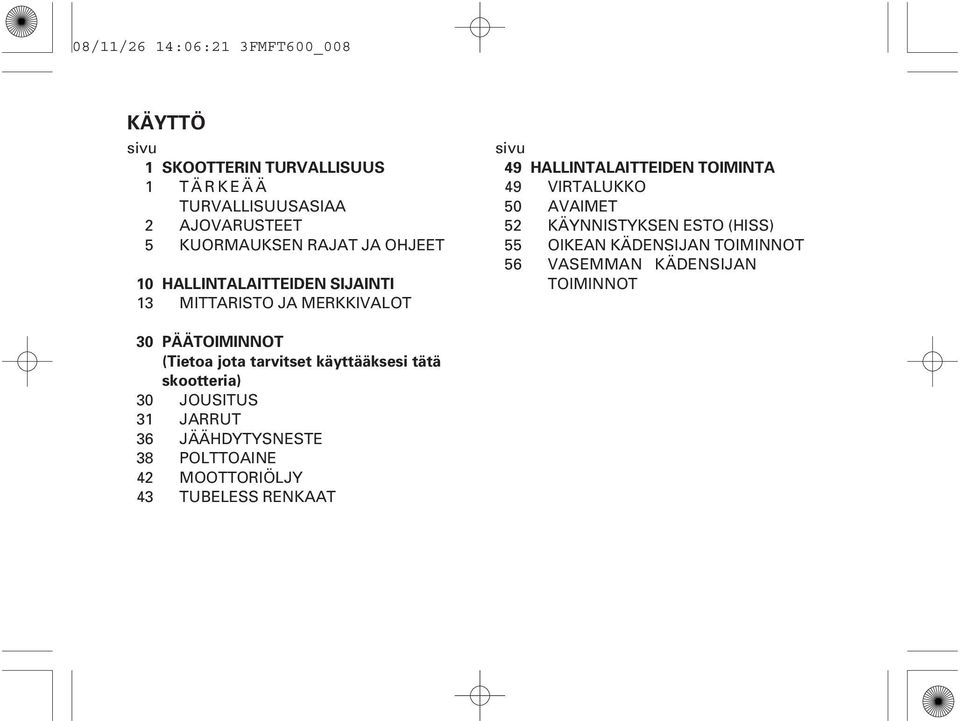 AVAIMET 52 KÄYNNISTYKSEN ESTO (HISS) 55 OIKEAN KÄDENSIJAN TOIMINNOT 56 VASEMMAN KÄDENSIJAN TOIMINNOT 30 30 31 36 38 42 43