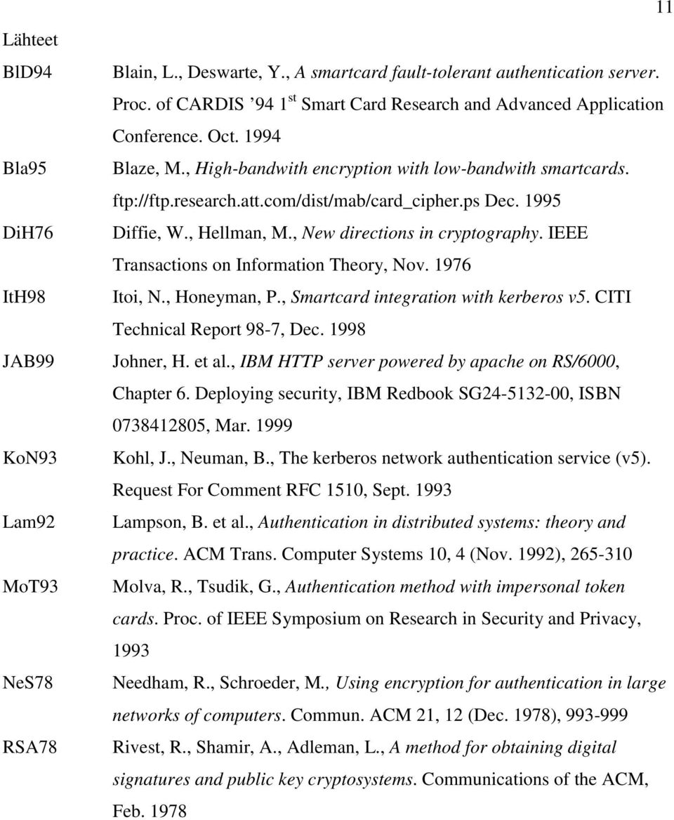 ps Dec. 1995 Diffie, W., Hellman, M., New directions in cryptography. IEEE Transactions on Information Theory, Nov. 1976 Itoi, N., Honeyman, P., Smartcard integration with kerberos v5.