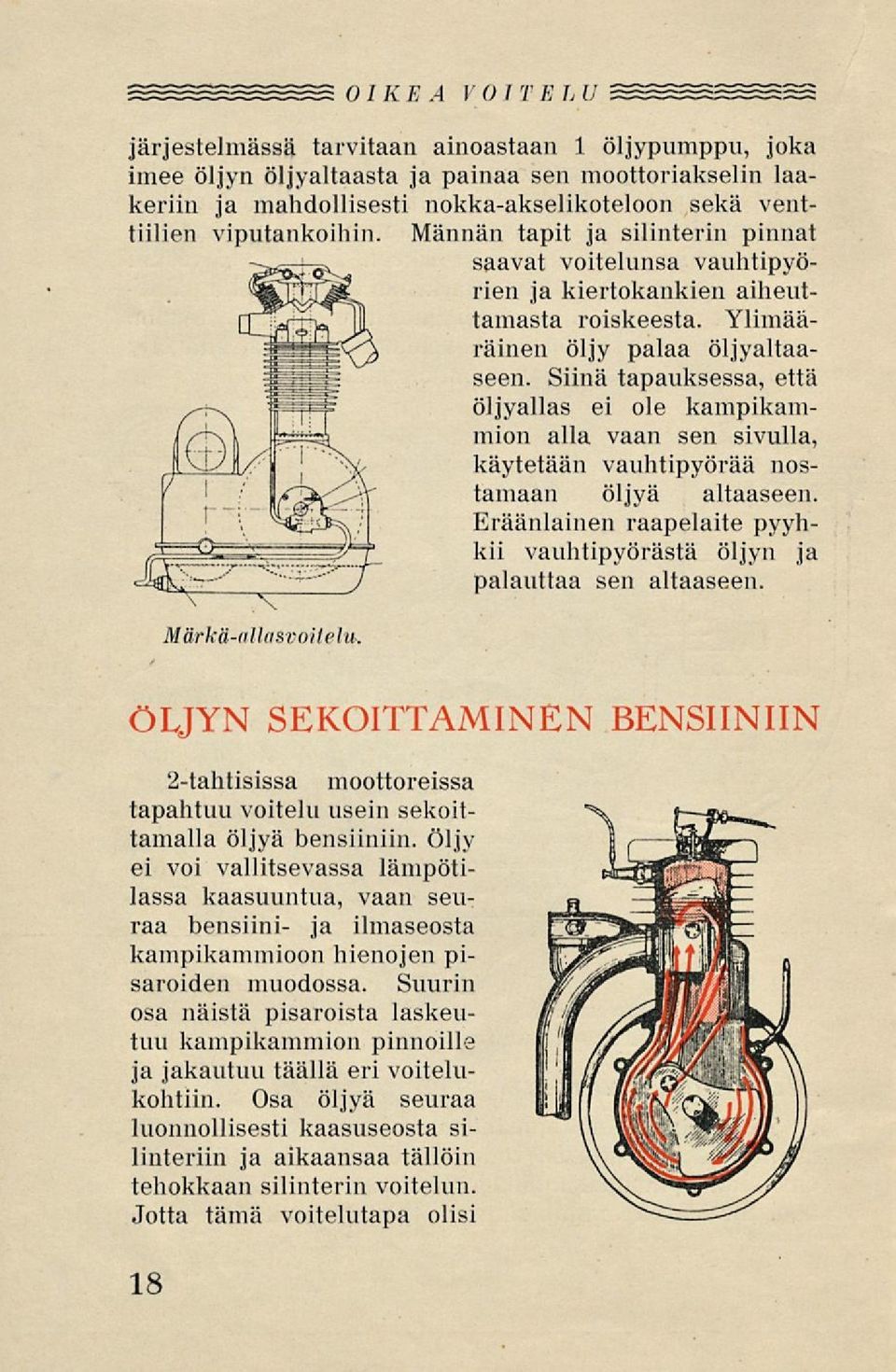 Siinä tapauksessa, että öljyallas ei ole kampikani- Märkä-ullusroilelu. mion alla vaan sen sivulla, käytetään vauhtipyörää nostamaan öljyä altaaseen.