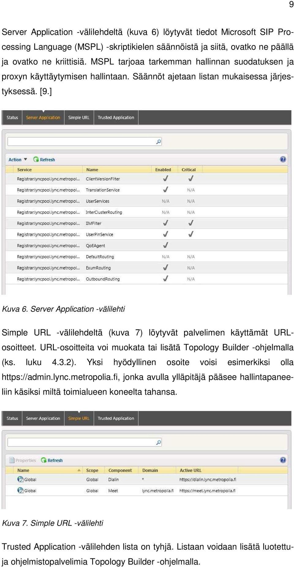 Server Application -välilehti Simple URL -välilehdeltä (kuva 7) löytyvät palvelimen käyttämät URLosoitteet. URL-osoitteita voi muokata tai lisätä Topology Builder -ohjelmalla (ks. luku 4.3.2).