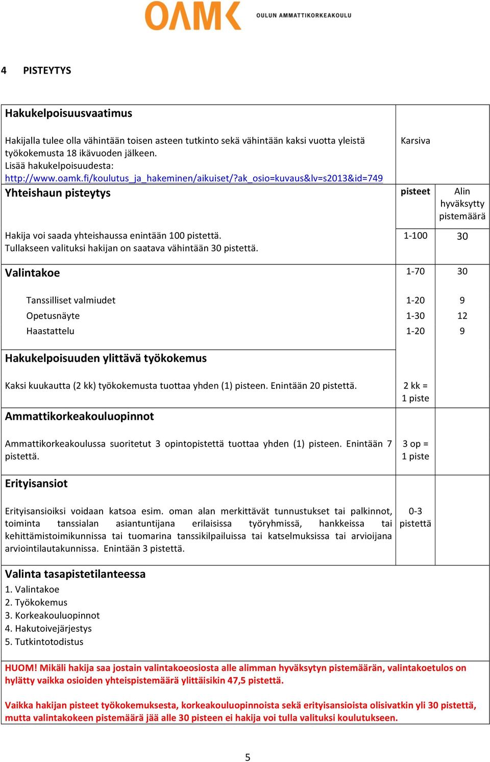 Tullakseen valituksi hakijan on saatava vähintään 30 pistettä.