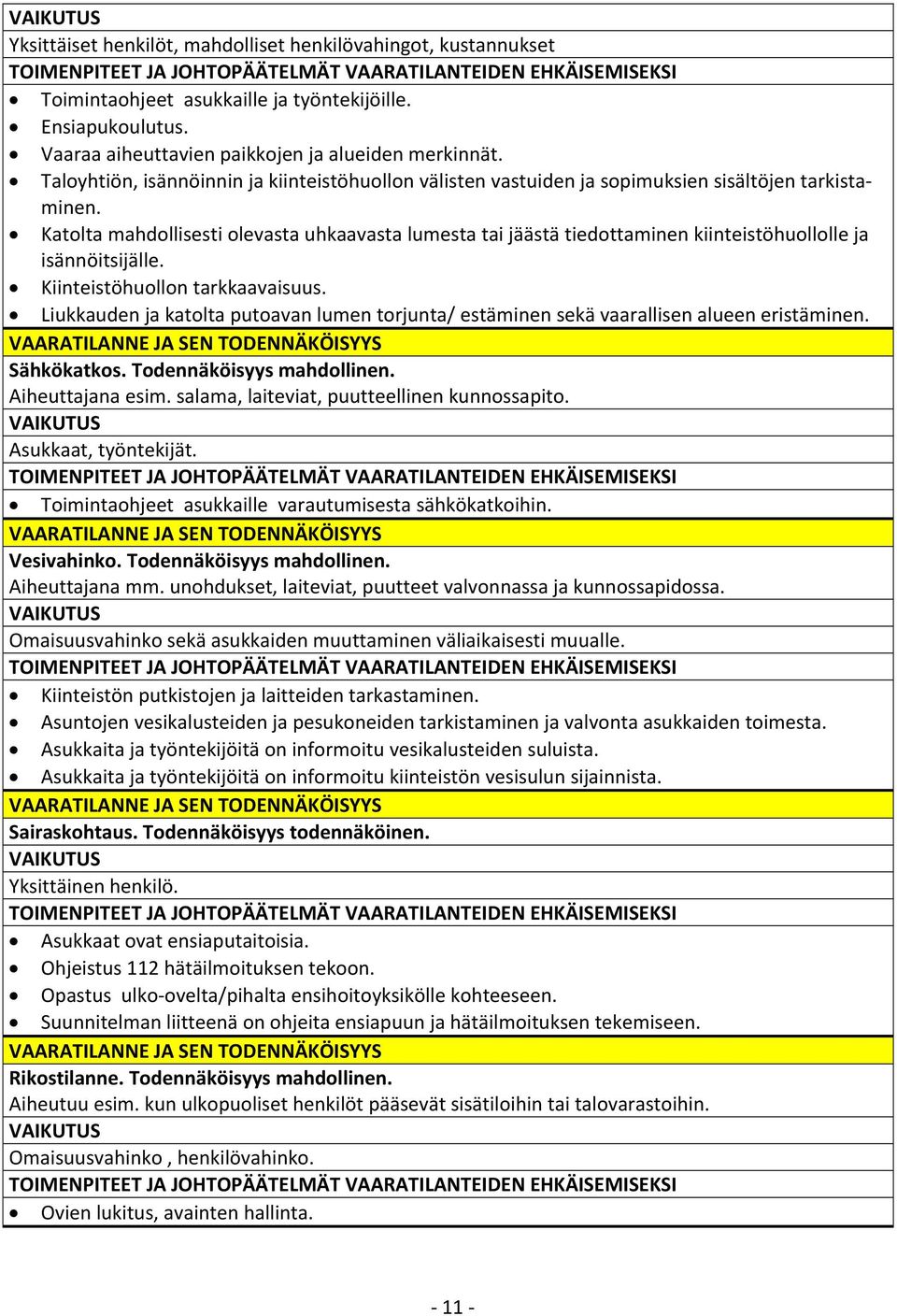 Katolta mahdollisesti olevasta uhkaavasta lumesta tai jäästä tiedottaminen kiinteistöhuollolle ja isännöitsijälle. Kiinteistöhuollon tarkkaavaisuus.