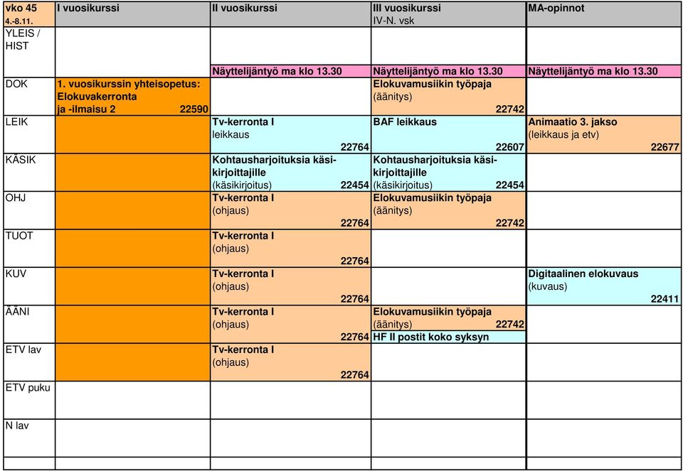 jakso leikkaus (leikkaus ja etv) 22764 22677 KÄSIK Kohtausharjoituksia käsi- Kohtausharjoituksia käsikirjoittajille kirjoittajille (käsikirjoitus) 22454 (käsikirjoitus) 22454 Tv-kerronta I