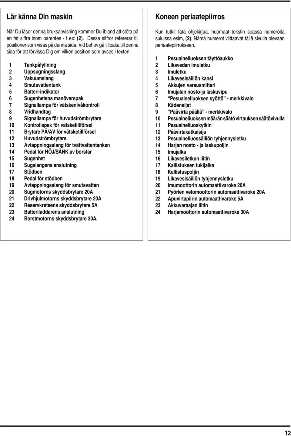 1 Tankpåfyllning 2 Uppsugningsslang 3 Vakuumslang 4 Smutsvattentank 5 Batteri-indikator 6 Sugenhetens manöverspak 7 Signallampa för vätskenivåkontroll 8 Vridhandtag 9 Signallampa för