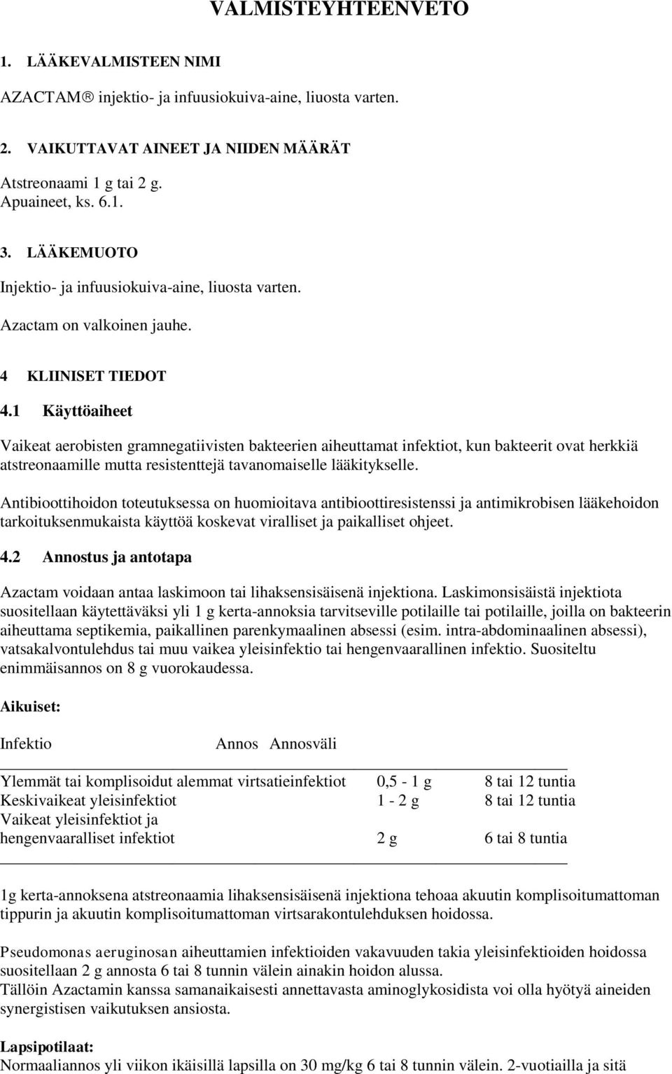 1 Käyttöaiheet Vaikeat aerobisten gramnegatiivisten bakteerien aiheuttamat infektiot, kun bakteerit ovat herkkiä atstreonaamille mutta resistenttejä tavanomaiselle lääkitykselle.