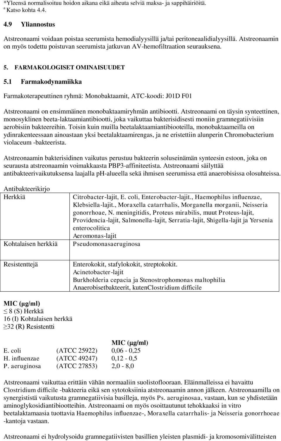 1 Farmakodynamiikka Farmakoterapeuttinen ryhmä: Monobaktaamit, ATC-koodi: J01D F01 Atstreonaami on ensimmäinen monobaktaamiryhmän antibiootti.