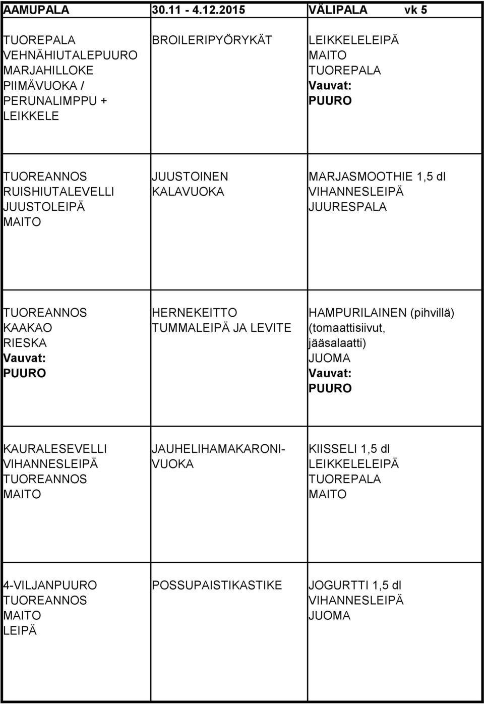 JUUSTOINEN MARJASMOOTHIE 1,5 dl RUISHIUTALEVELLI KALAVUOKA VIHANNESLEIPÄ JUUSTOLEIPÄ JUURESPALA TUOREANNOS HERNEKEITTO