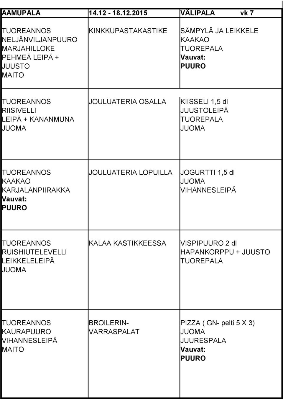 2015 VÄLIPALA vk 7 TUOREANNOS KINKKUPASTAKASTIKE SÄMPYLÄ JA LEIKKELE NELJÄNVILJAN KAAKAO MARJAHILLOKE PEHMEÄ LEIPÄ + JUUSTO