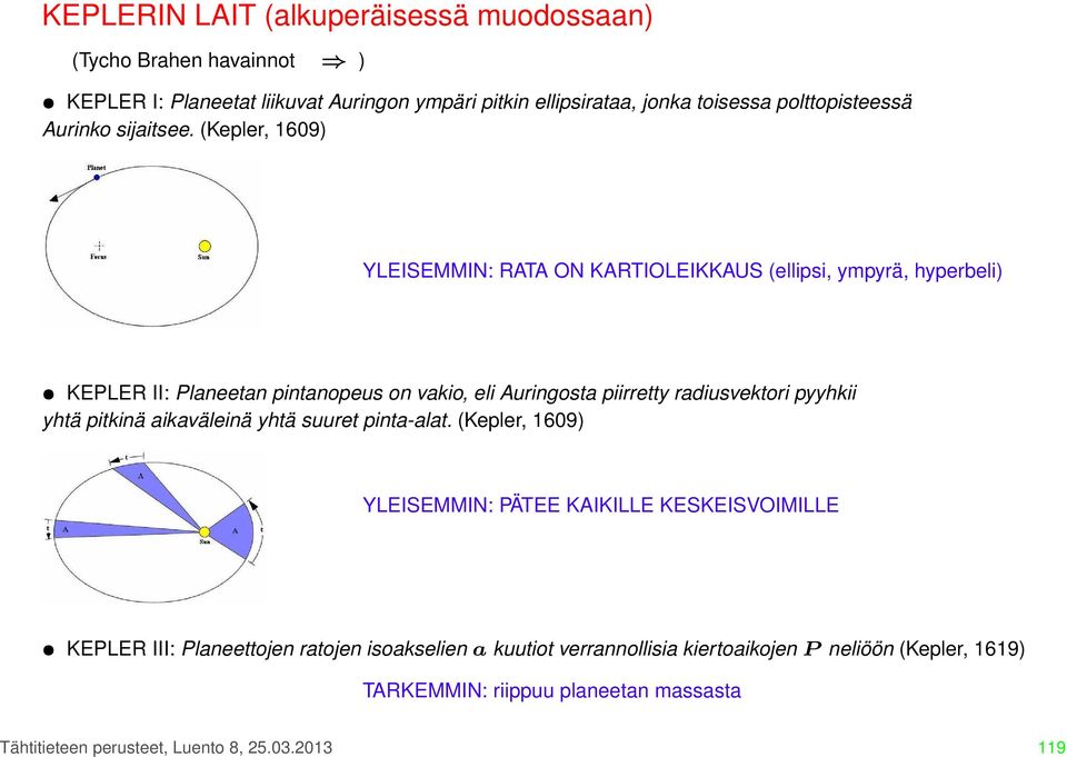 (Kepler, 1609) YLEISEMMIN: RATA ON KARTIOLEIKKAUS (ellipsi, ympyrä, hyperbeli) KEPLER II: Planeetan pintanopeus on vakio, eli Auringosta piirretty radiusvektori