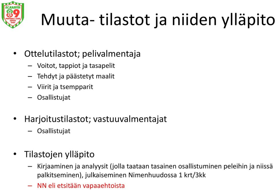 Osallistujat Tilastojen ylläpito Kirjaaminen ja analyysit (jolla taataan tasainen osallistuminen