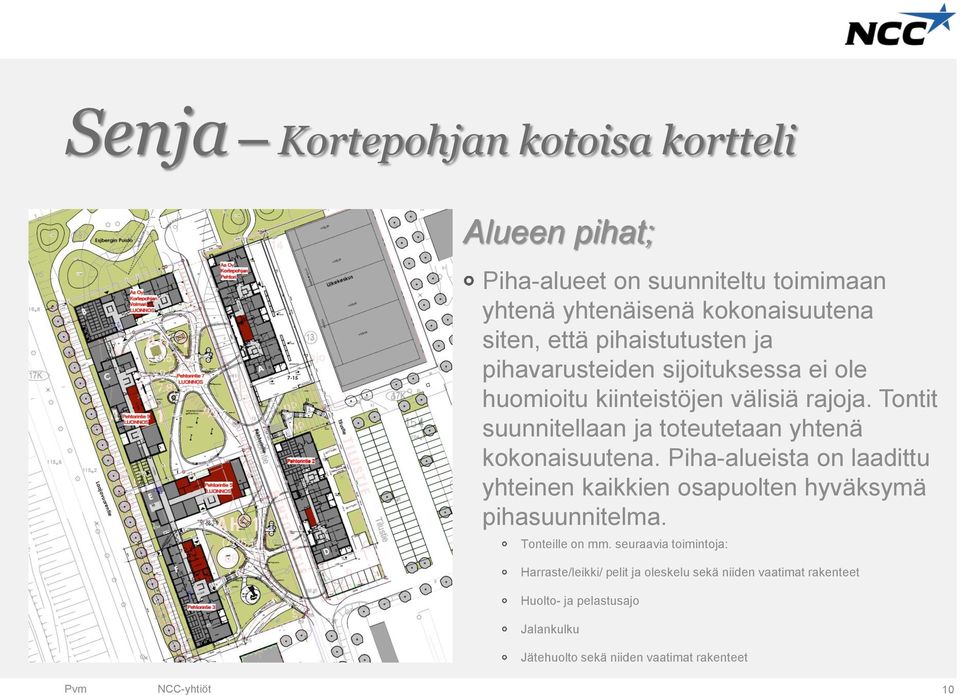 Tontit suunnitellaan ja toteutetaan yhtenä kokonaisuutena. Piha-alueista on laadittu yhteinen kaikkien osapuolten hyväksymä pihasuunnitelma.