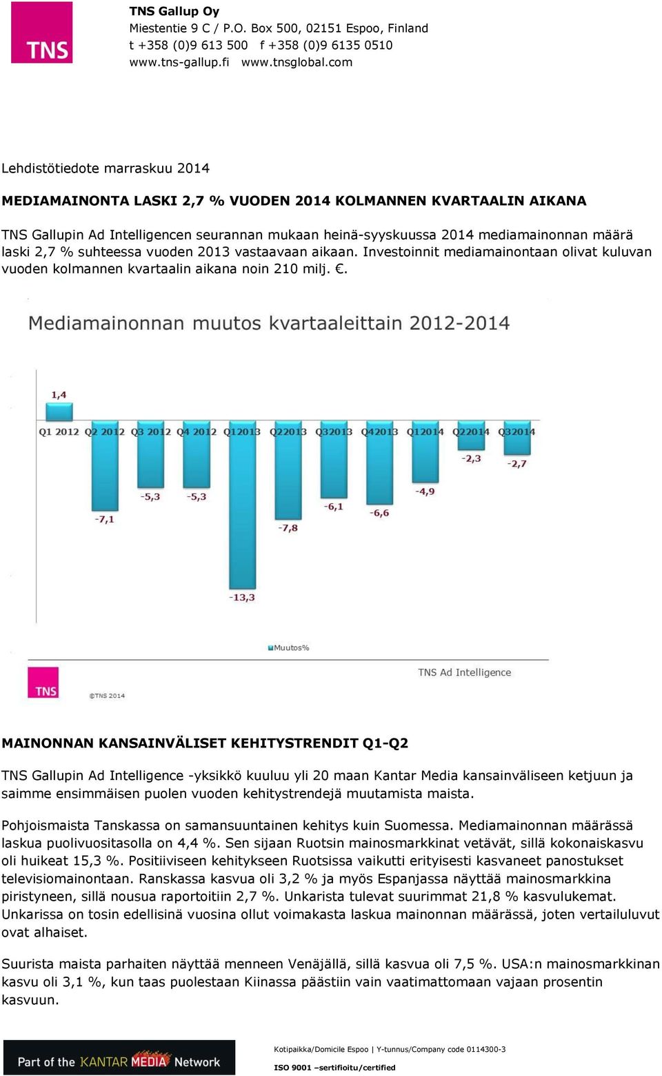 2,7 % suhteessa vuoden 2013 vastaavaan aikaan. Investoinnit mediamainontaan olivat kuluvan vuoden kolmannen kvartaalin aikana noin 210 milj.