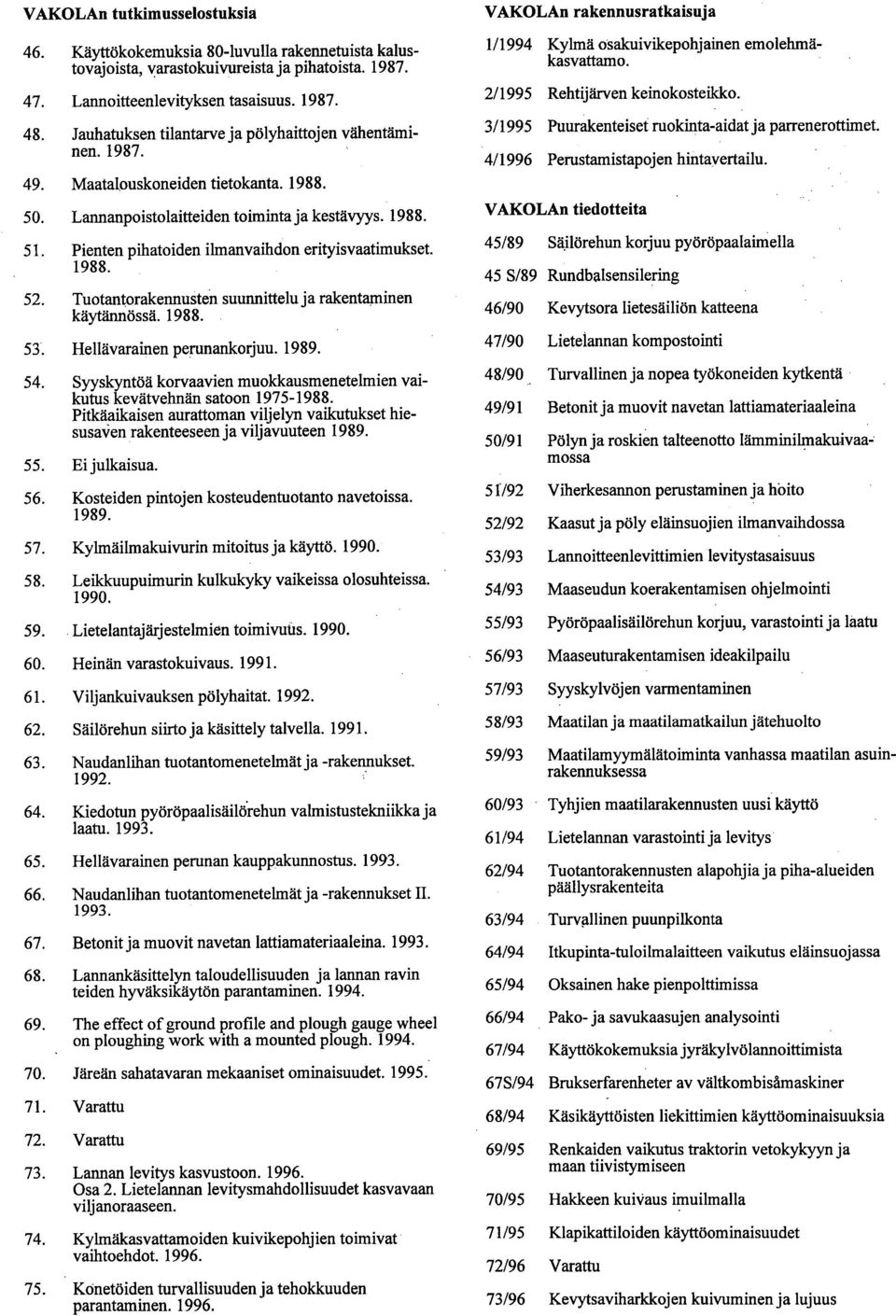 1988. Hellävarainen perunankorjuu. 1989. Syyskyntöä korvaavien muoldcausmenetelmien vaikutus kevätvehnän satoon 1975-1988.