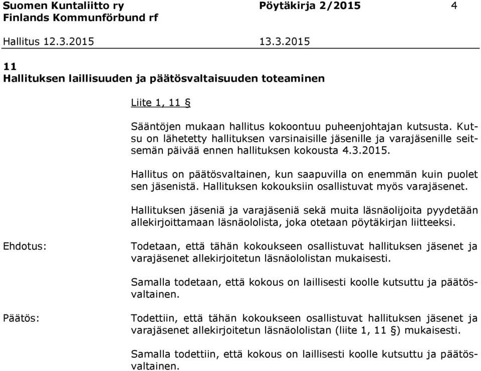 Hallitus on päätösvaltainen, kun saapuvilla on enemmän kuin puolet sen jäsenistä. Hallituksen kokouksiin osallistuvat myös varajäsenet.