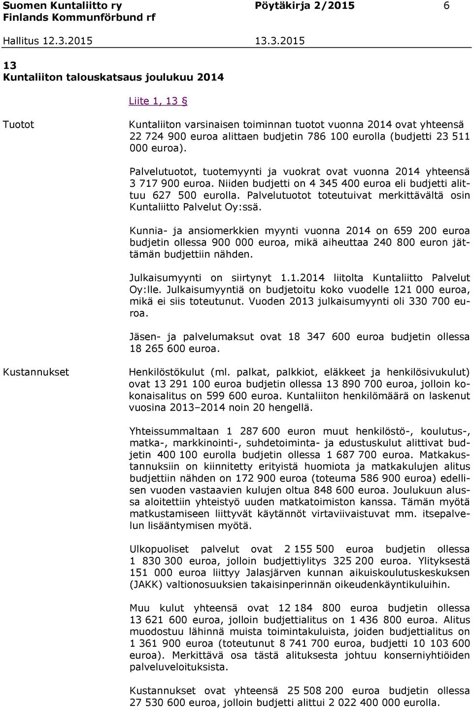 Niiden budjetti on 4 345 400 euroa eli budjetti alittuu 627 500 eurolla. Palvelutuotot toteutuivat merkittävältä osin Kuntaliitto Palvelut Oy:ssä.