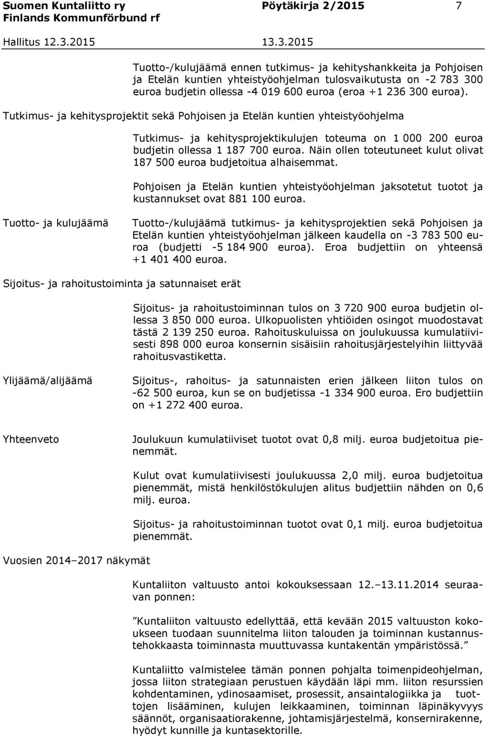Tutkimus- ja kehitysprojektit sekä Pohjoisen ja Etelän kuntien yhteistyöohjelma Tutkimus- ja kehitysprojektikulujen toteuma on 1 000 200 euroa budjetin ollessa 1 187 700 euroa.