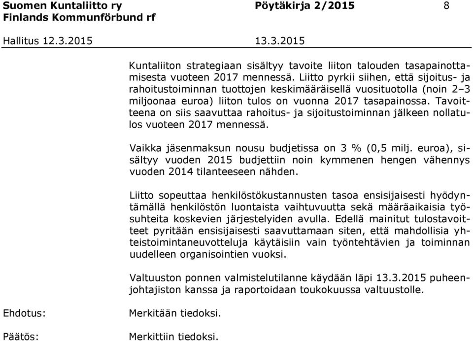 Tavoitteena on siis saavuttaa rahoitus- ja sijoitustoiminnan jälkeen nollatulos vuoteen 2017 mennessä. Vaikka jäsenmaksun nousu budjetissa on 3 % (0,5 milj.