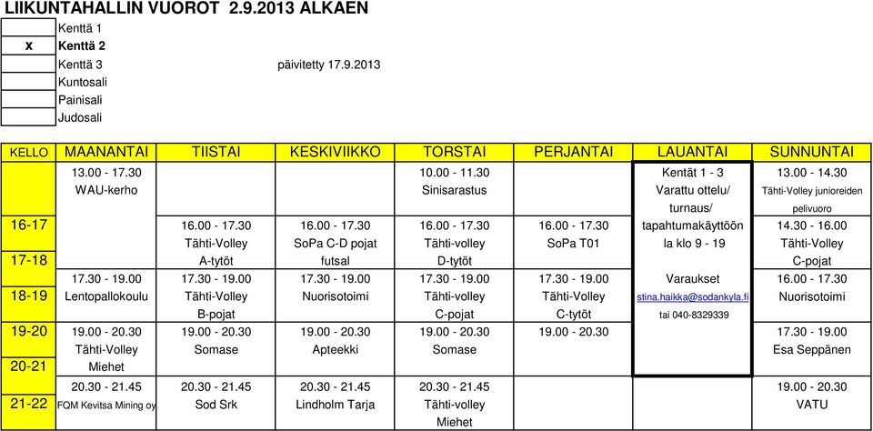 00 Tähti-Volley SoPa C-D pojat Tähti-volley SoPa T01 la klo 9-19 Tähti-Volley 17-18 A-tytöt futsal D-tytöt C-pojat 17.30-19.00 17.30-19.00 17.30-19.00 17.30-19.00 17.30-19.00 Varaukset 16.00-17.