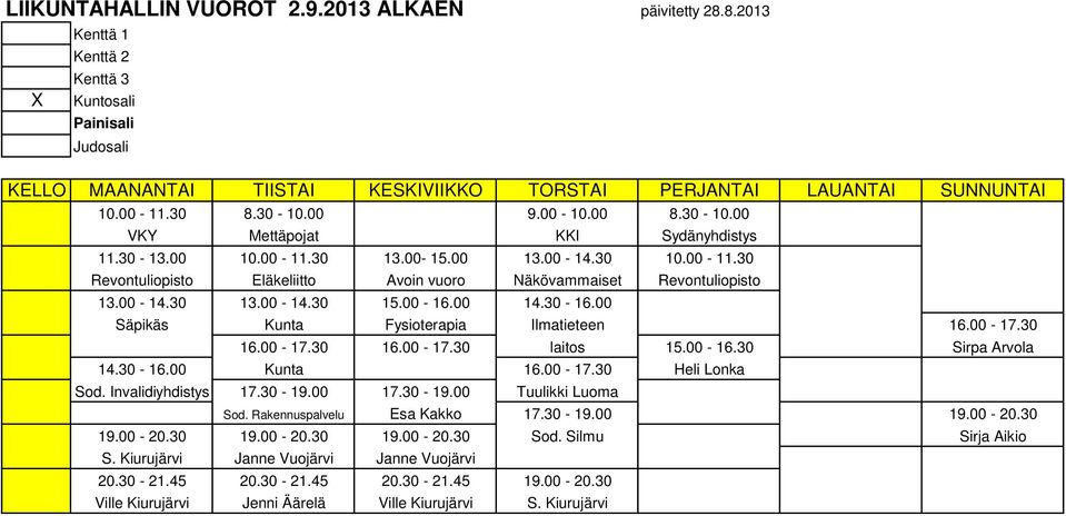 00 Säpikäs Kunta Fysioterapia Ilmatieteen 16.00-17.30 16.00-17.30 16.00-17.30 laitos 15.00-16.30 Sirpa Arvola 14.30-16.00 Kunta 16.00-17.30 Heli Lonka Sod. Invalidiyhdistys 17.30-19.