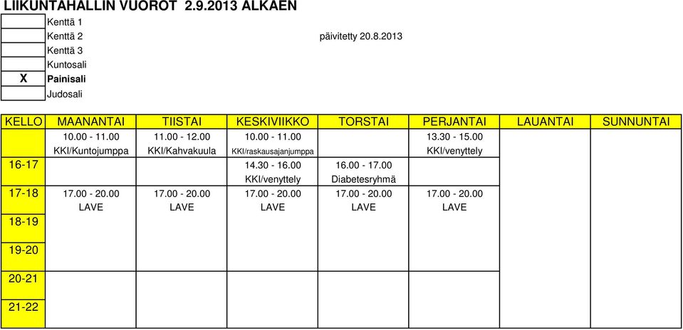 00 KKI/Kuntojumppa KKI/Kahvakuula KKI/raskausajanjumppa KKI/venyttely 16-17 14.30-16.00 16.00-17.