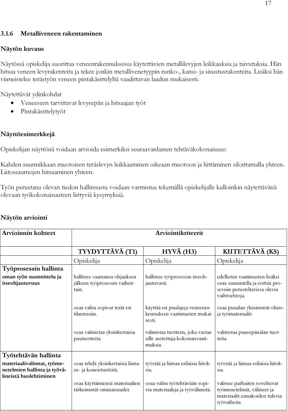 Näytettävät ydinkohdat Veneeseen tarvittavat levysepän ja hitsaajan työt Pintakäsittelytyöt Näyttöesimerkkejä Opiskelijan näyttönä voidaan arvioida esimerkiksi seuraavanlainen tehtäväkokonaisuus:
