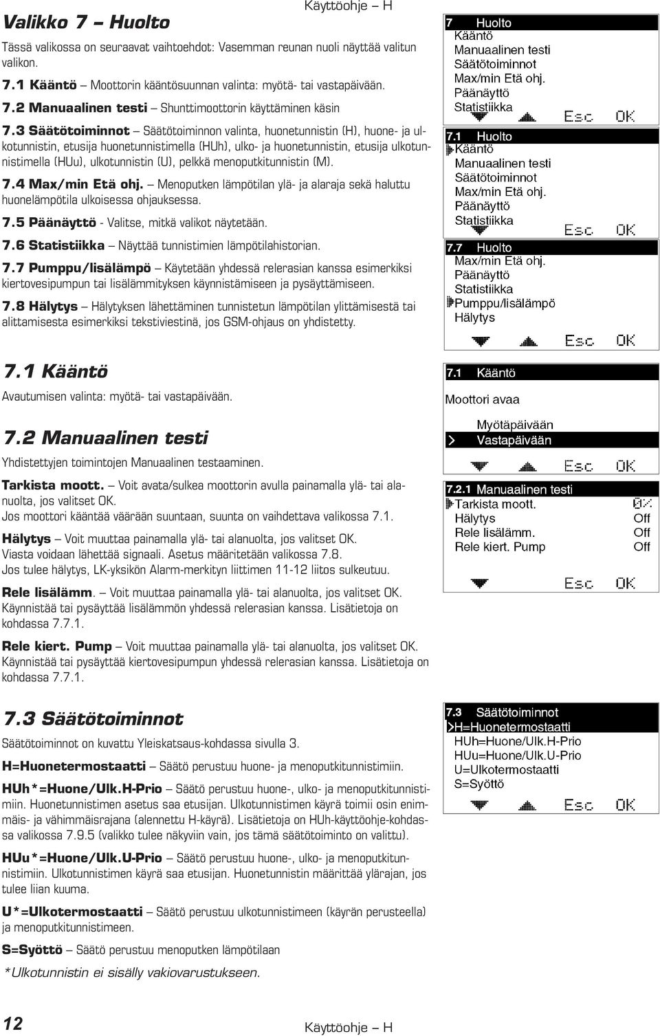 pelkkä menoputkitunnistin (M). 7.4 Max/min Etä ohj. Menoputken lämpötilan ylä- ja alaraja sekä haluttu huonelämpötila ulkoisessa ohjauksessa. 7.5 Päänäyttö - Valitse, mitkä valikot näytetään. 7.6 Statistiikka Näyttää tunnistimien lämpötilahistorian.